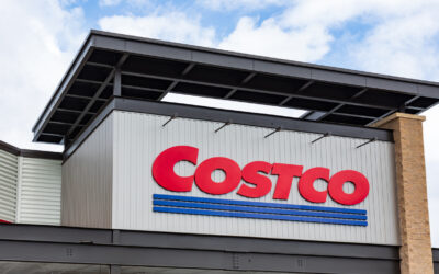 Mooresville, NC, USA-June 19, 2019: The COSTCO logo on the front exterior of a local store.